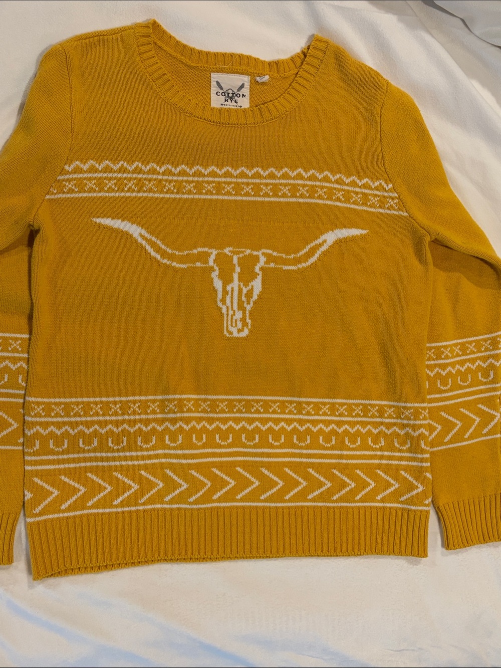 Cotton Inc. Women's Mustard Crewneck Sweater with Longhorn Motif
